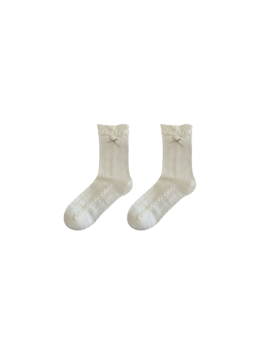 Ivory crew socks with ruffled cuffs, bow accents and openwork panels