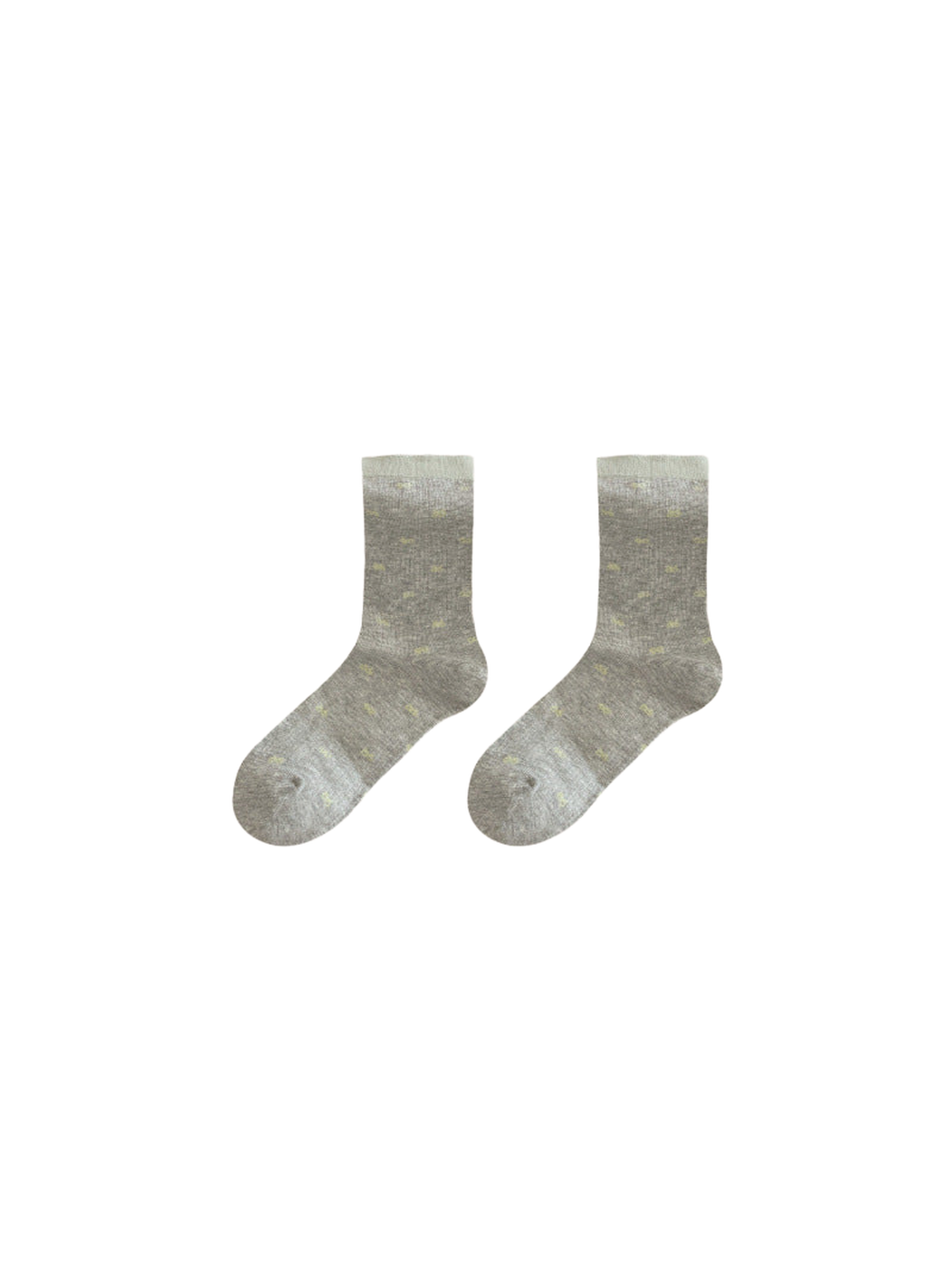 Gray crew socks with tiny bow motifs and contrasting cuffs