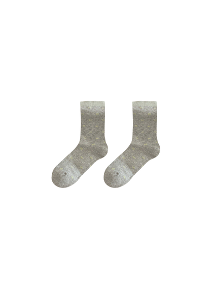 Gray crew socks with tiny bow motifs and contrasting cuffs