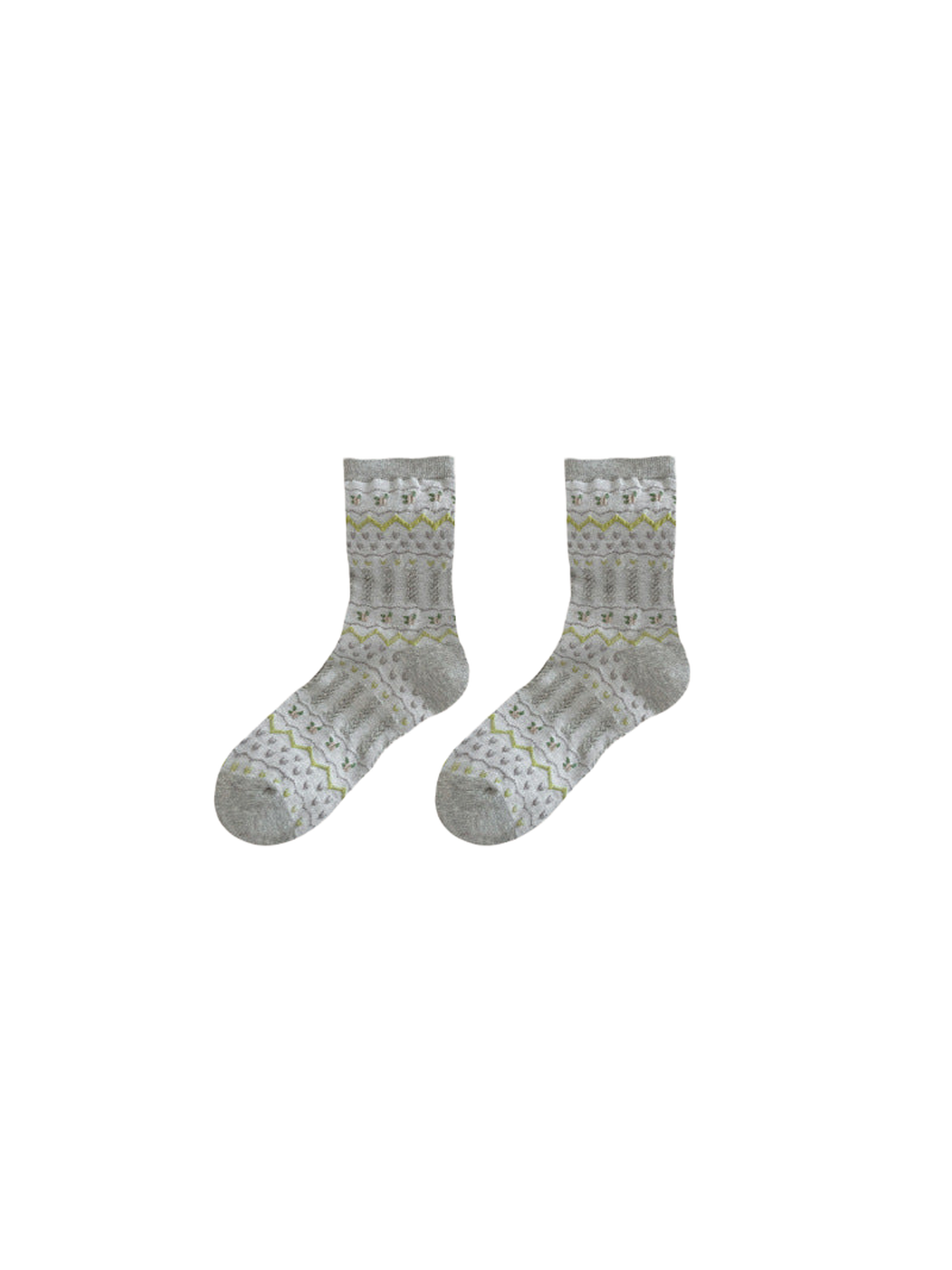 Light gray crew socks with geometric waves, floral motifs and textured panels