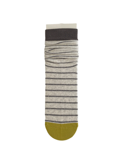Ivory striped crew sock with charcoal cuff and mustard toe