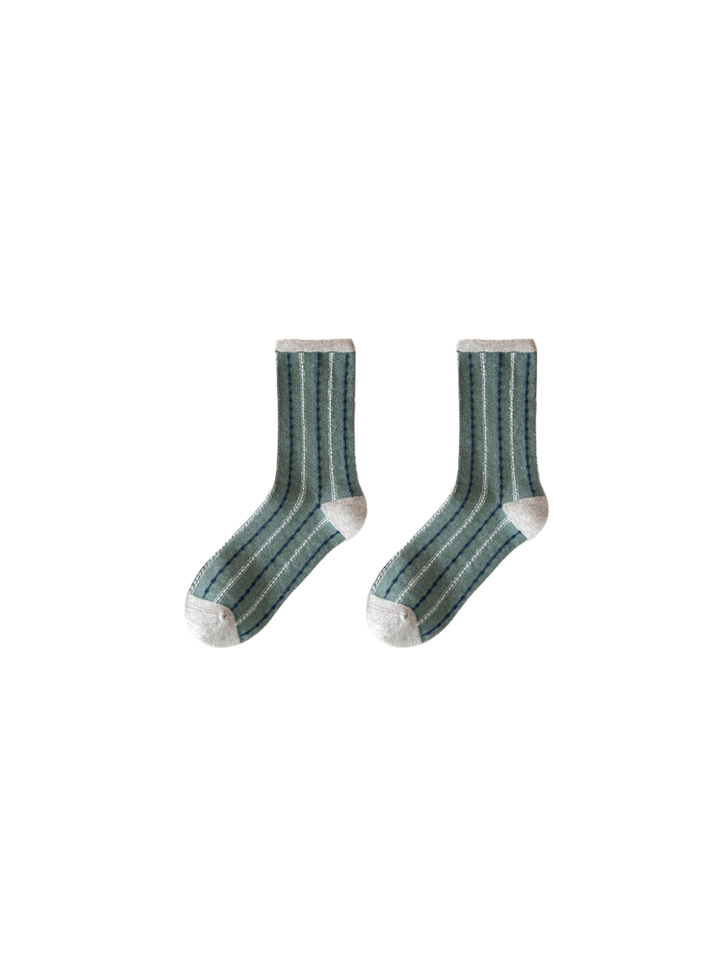 Mint striped crew socks with contrasting cream cuff, heel and toe