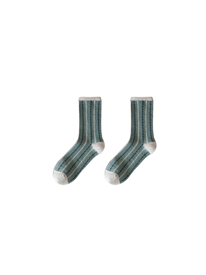 Mint striped crew socks with contrasting cream cuff, heel and toe