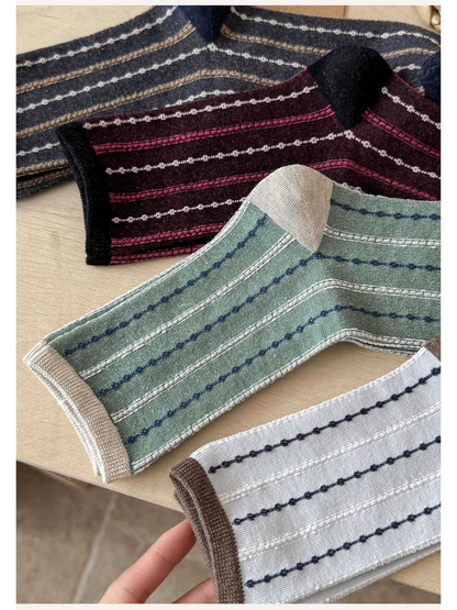 Close-up of raised stitched stripes and contrasting cuffs, heels and toes