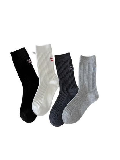 Black, white, dark gray and light gray ribbed crew socks