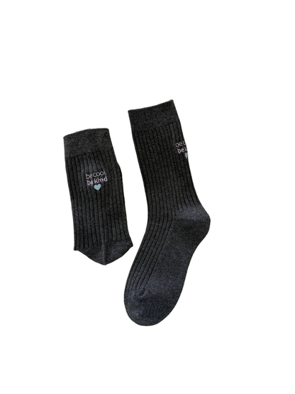 Dark gray ribbed crew socks with embroidered lettering and heart