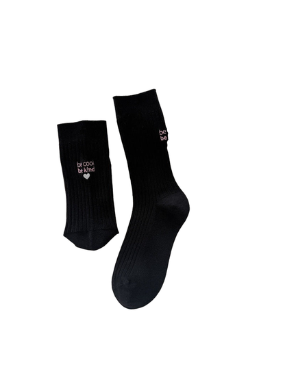 Black ribbed crew socks with embroidered lettering and heart