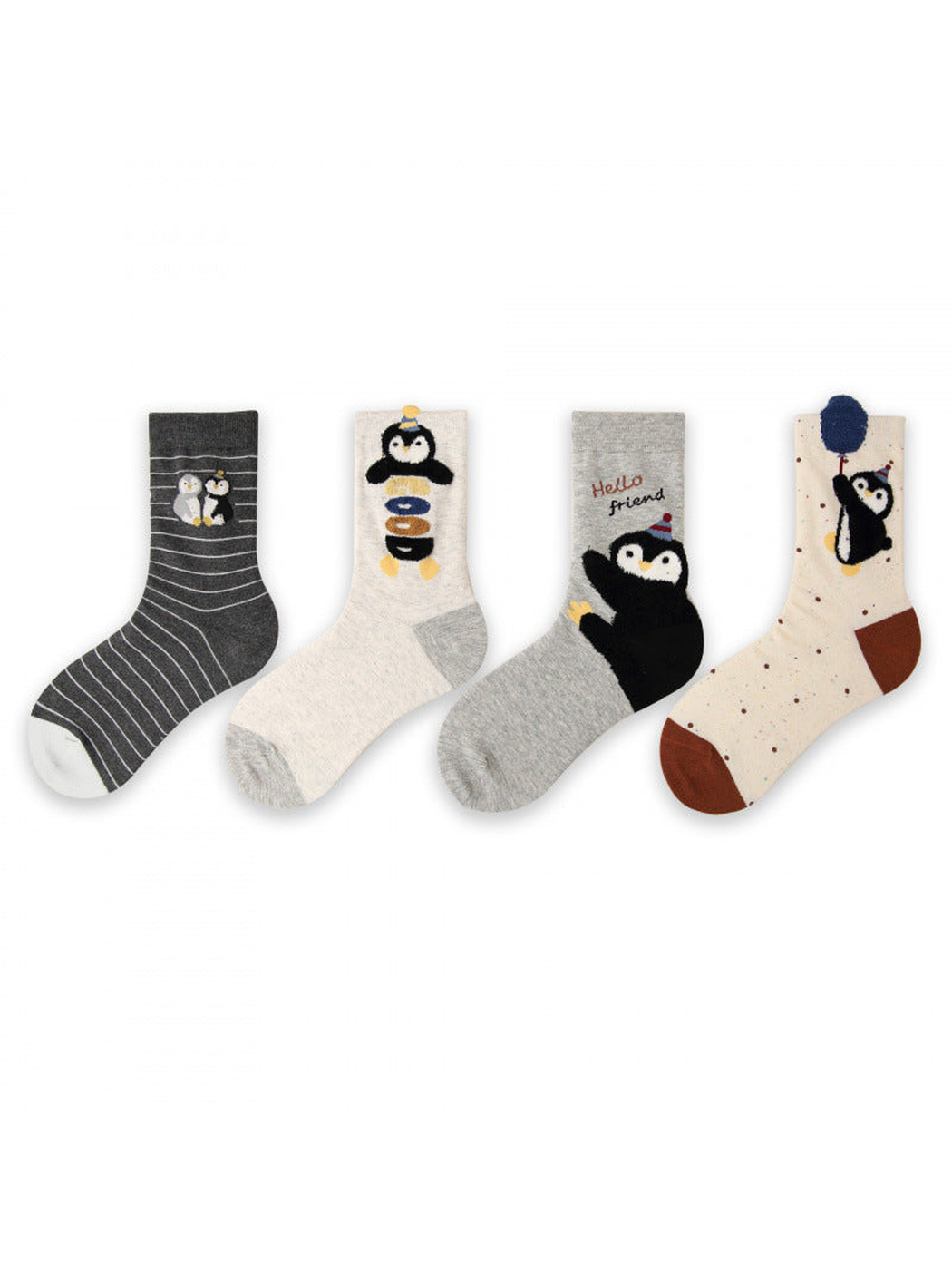 Four penguin crew sock designs displayed together