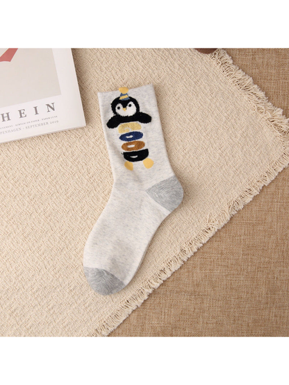 Greige crew sock with stacked penguin motif and gray accents
