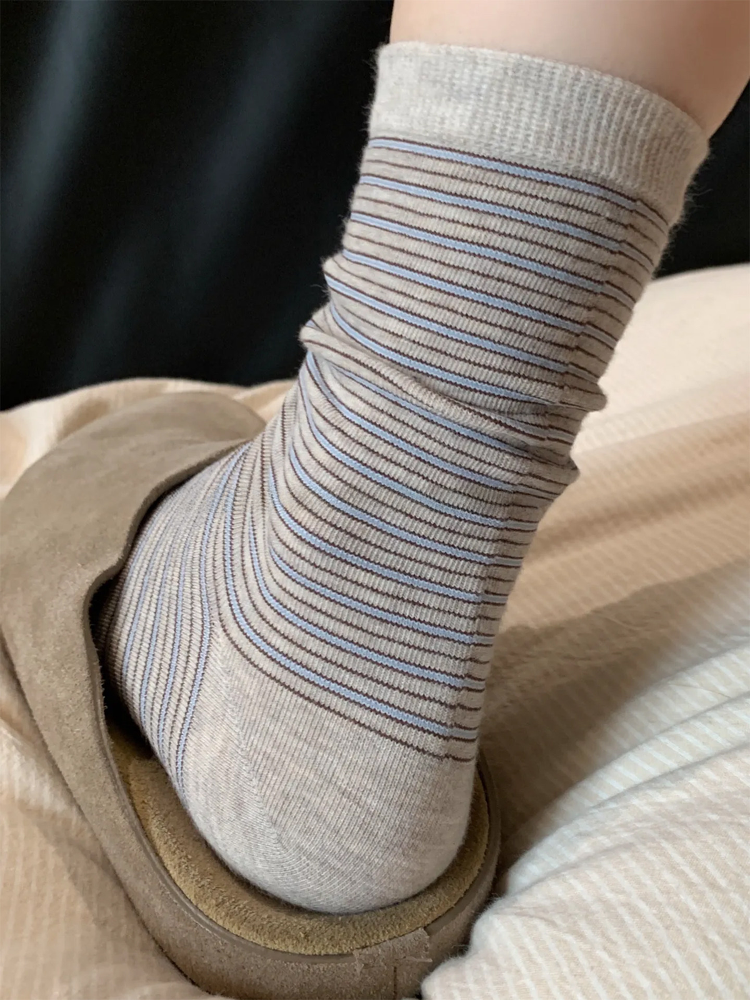 Beige crew sock with fine brown and pale blue stripes