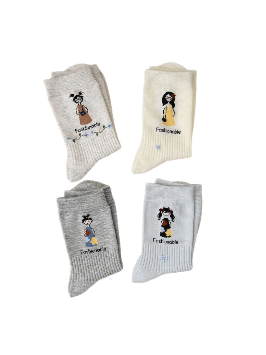 Four cartoon girl crew sock styles arranged on a white background