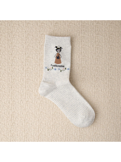 Light gray crew sock with cartoon girl and floral vine motif