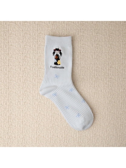 Light blue crew sock with cartoon girl and bow motifs