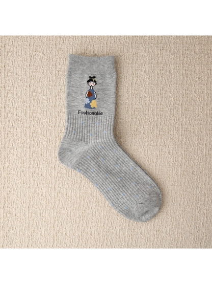 Heather gray crew sock with cartoon girl and blue dot motifs