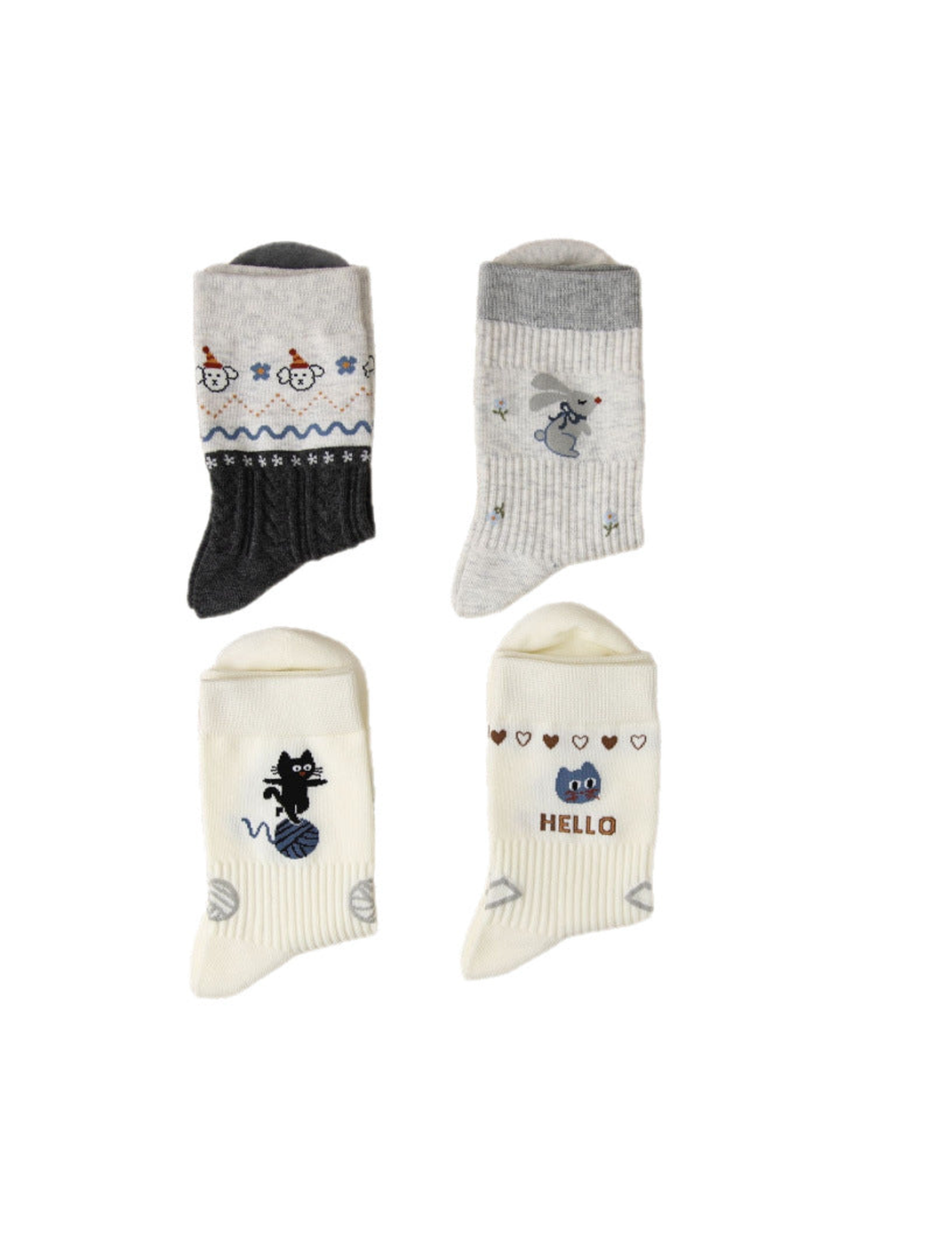 Four ribbed crew sock designs with cat, rabbit and animal motifs