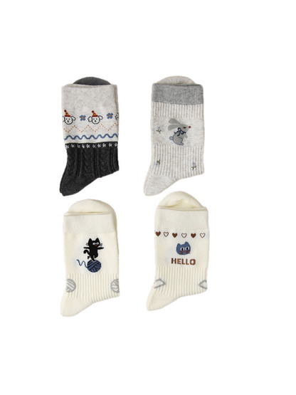 Four ribbed crew sock designs with cat, rabbit and animal motifs