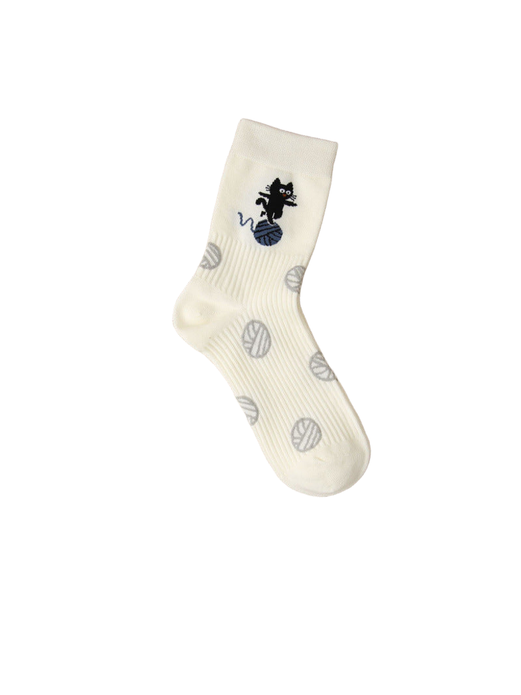 Ivory ribbed crew sock with a black cat and blue yarn-ball motif
