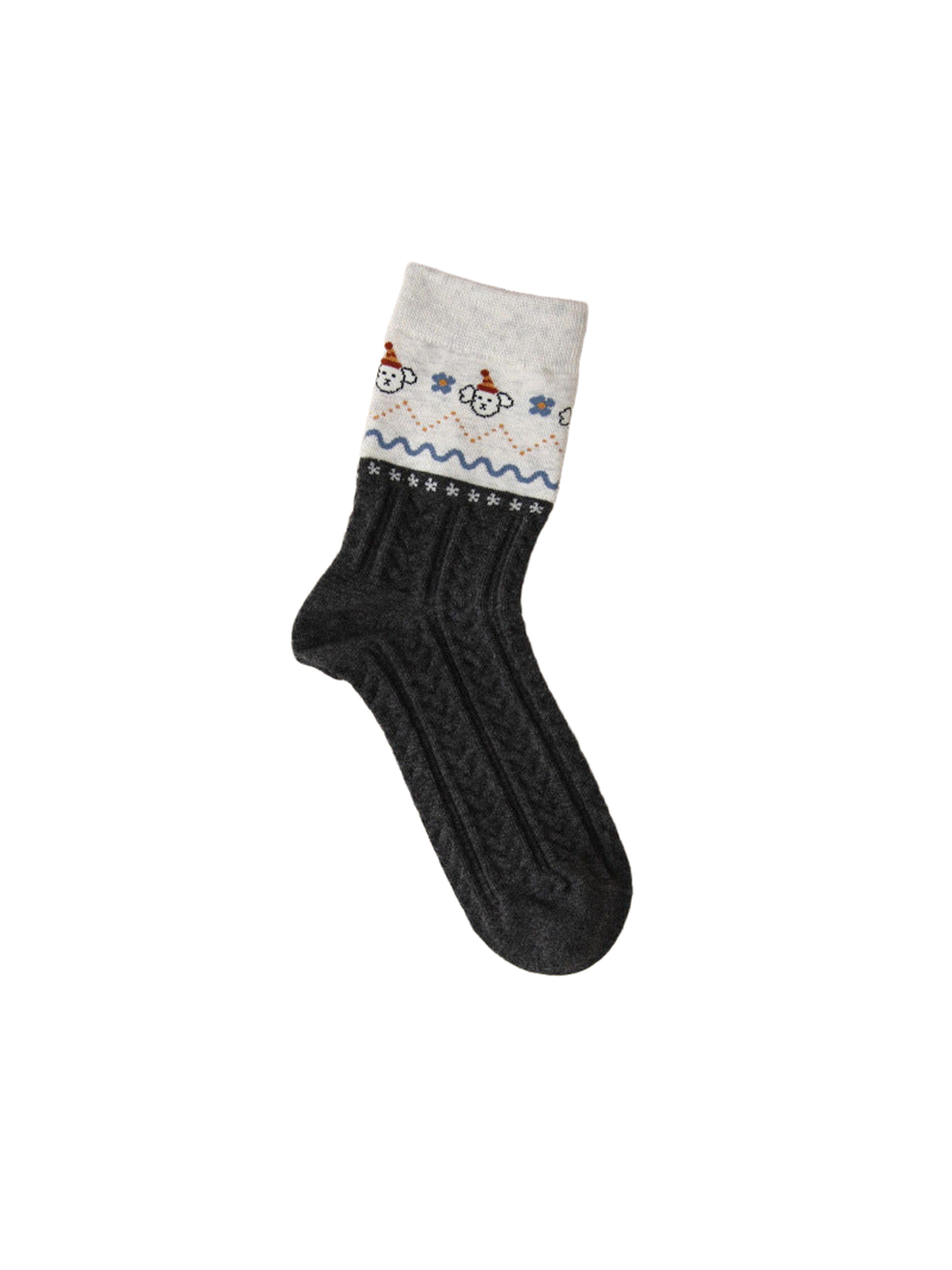 Dark gray ribbed crew sock with animal faces, flowers and wavy stripes