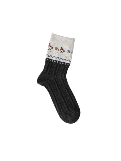 Dark gray ribbed crew sock with animal faces, flowers and wavy stripes