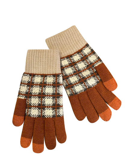 Brown and cream checked gloves with orange fingertips