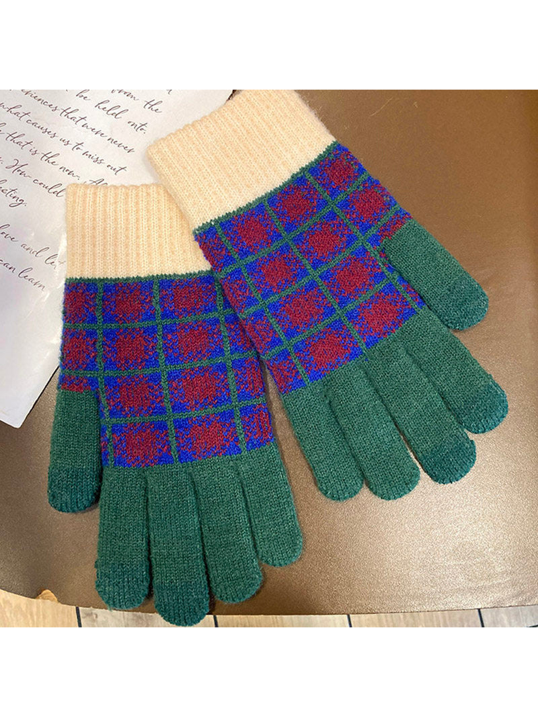Dark green gloves with a red and blue checked pattern
