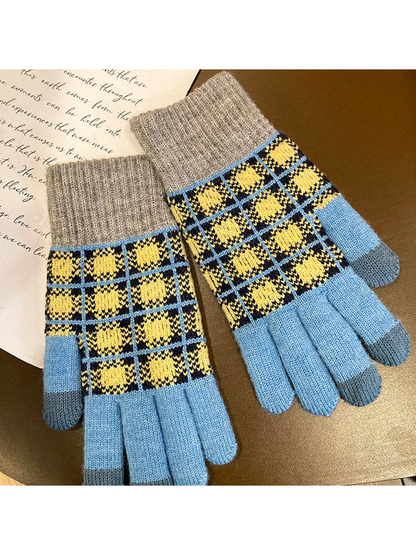 Light blue gloves with a navy and yellow checked pattern