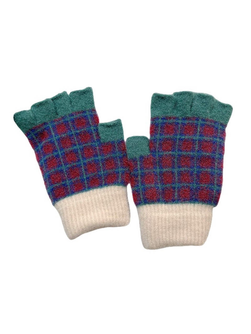 Deep teal and red plaid fingerless gloves with cream ribbed cuffs on white