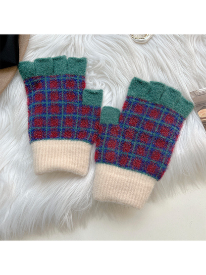 Deep teal and red plaid fingerless gloves with cream ribbed cuffs