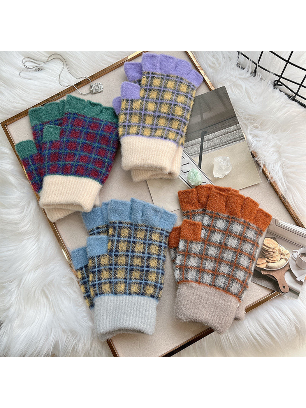 Four plaid fingerless glove colors arranged together