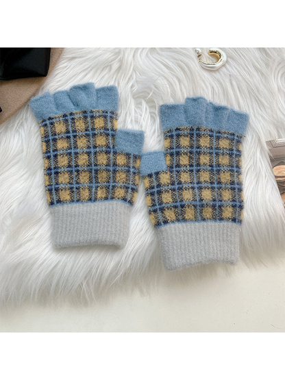 Blue and yellow plaid fingerless gloves with gray ribbed cuffs