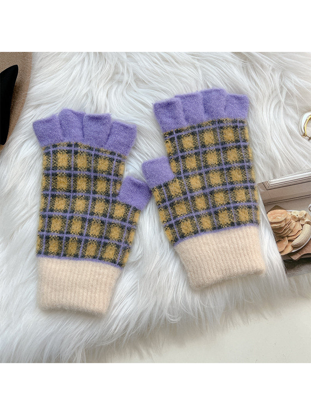 Purple and yellow plaid fingerless gloves with cream ribbed cuffs