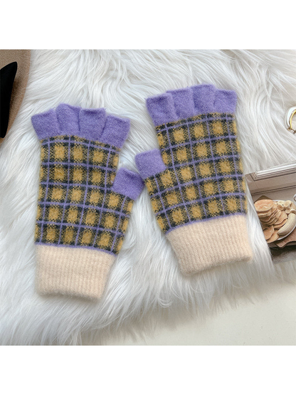 Purple and yellow plaid fingerless gloves with cream ribbed cuffs