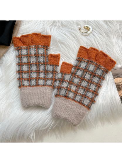 Orange and gray plaid fingerless gloves with taupe ribbed cuffs