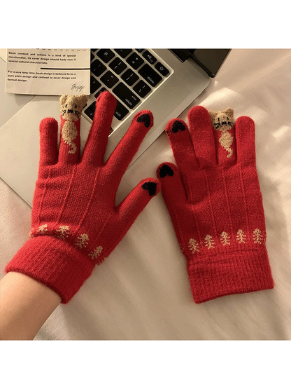 Red knit gloves with cat finger motif, contrasting fingertips and ribbed cuffs