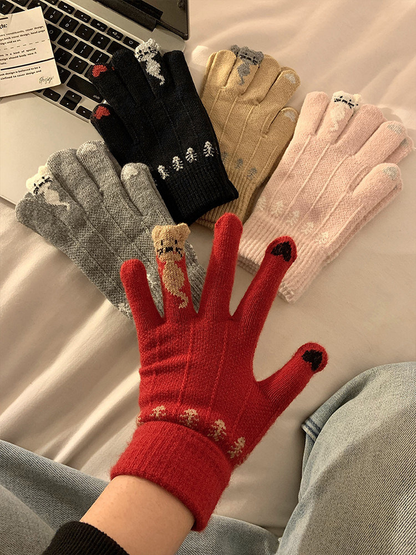 Black, gray, beige, light pink and red cat motif gloves displayed together