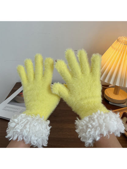 Yellow fuzzy gloves with curly white cuffs, pair view