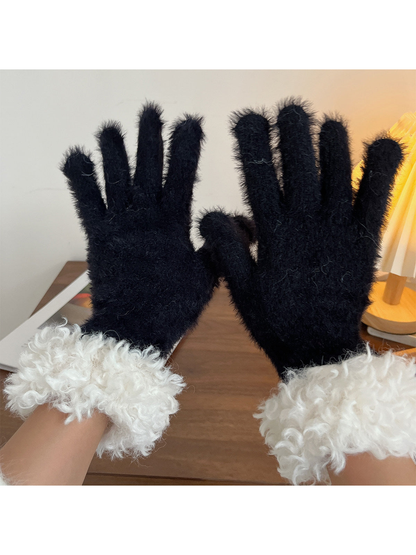 Black fuzzy gloves with curly white cuffs, pair view