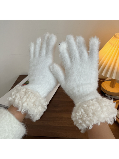 White fuzzy gloves with curly white cuffs, pair view