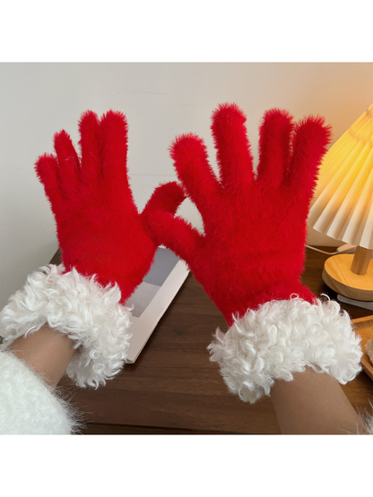 Red fuzzy gloves with curly white cuffs, pair view