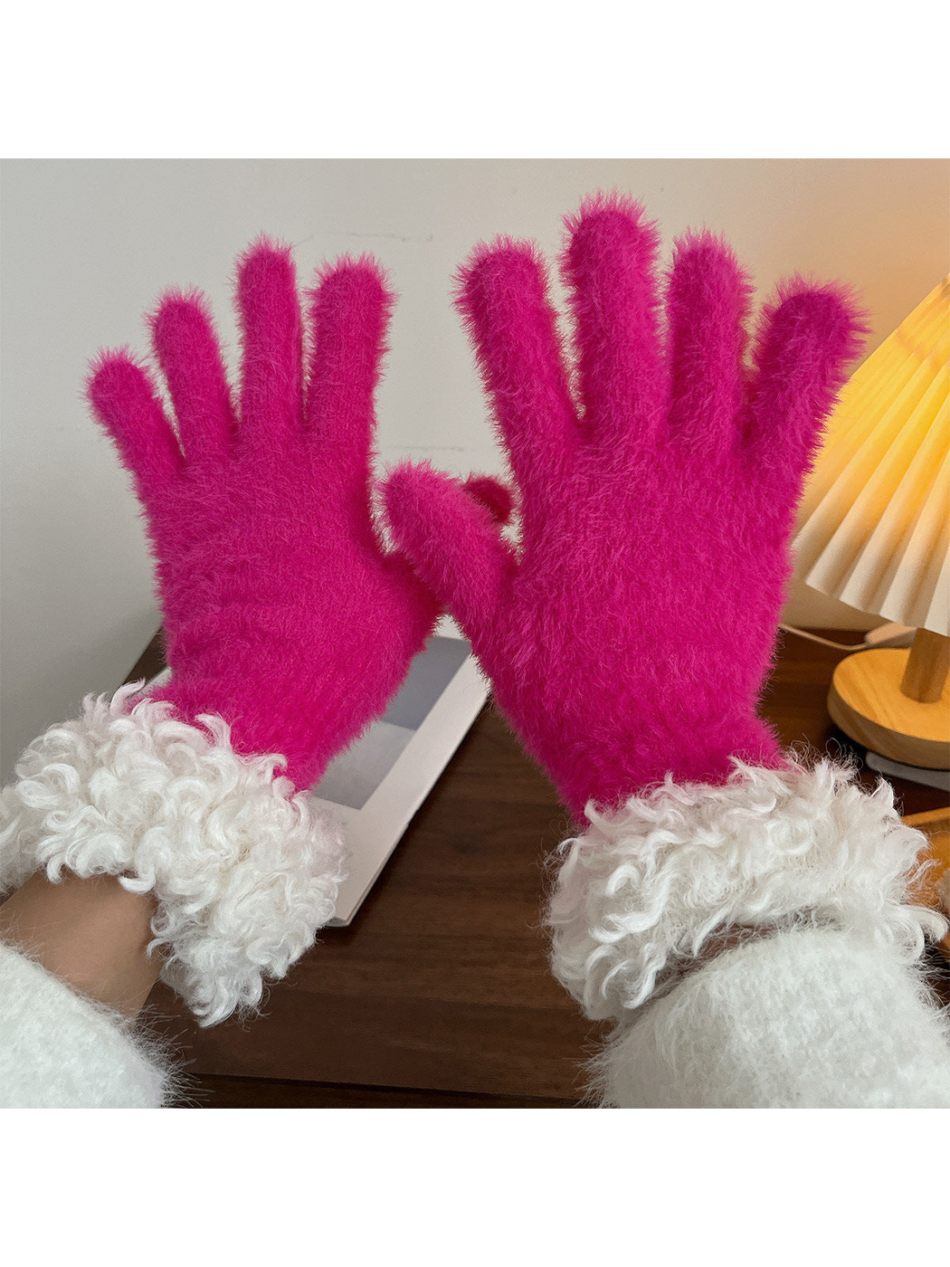 Fuchsia fuzzy gloves with curly white cuffs, pair view