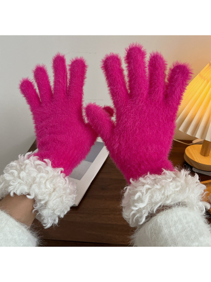 Fuchsia fuzzy gloves with curly white cuffs, pair view