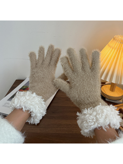 Khaki fuzzy gloves with curly white cuffs, pair view