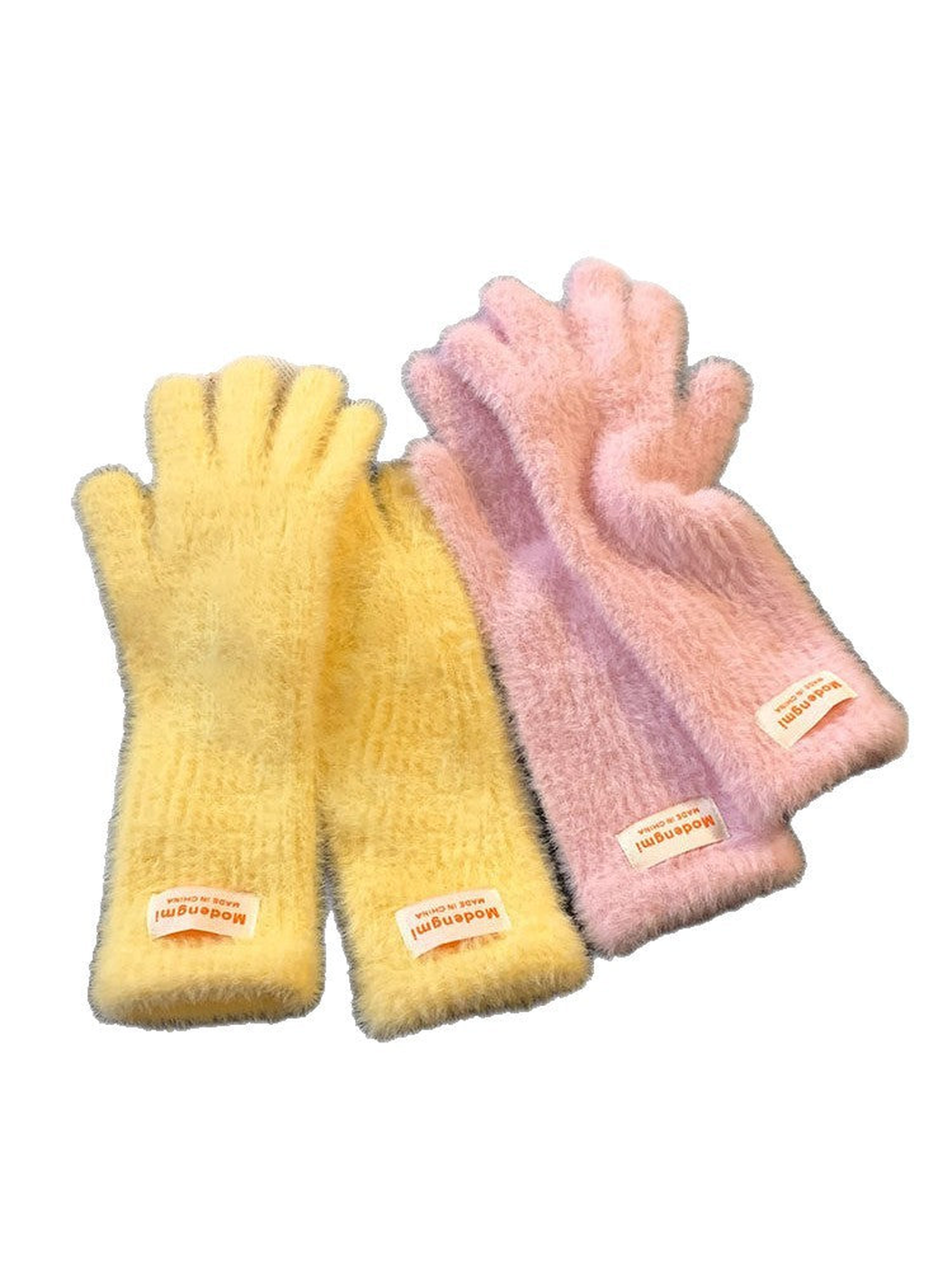 Yellow and pink fuzzy gloves on a white background