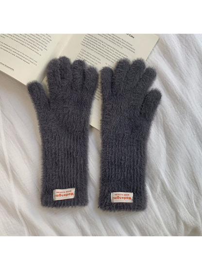 Dark gray fuzzy gloves with extended cuffs, front view