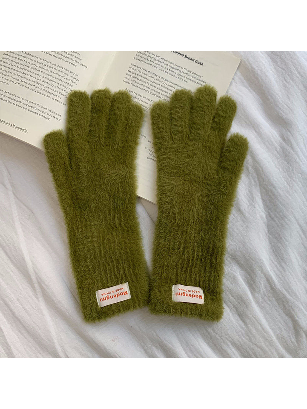 Army green fuzzy gloves with extended cuffs, front view