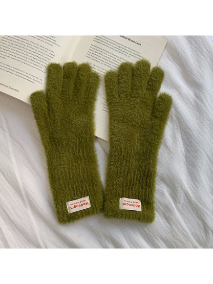 Army green fuzzy gloves with extended cuffs, front view