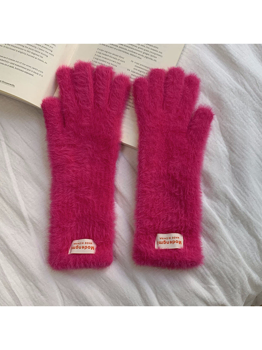 Fuchsia fuzzy gloves with extended cuffs, front view