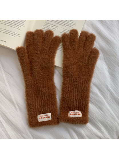 Caramel fuzzy gloves with extended cuffs, front view
