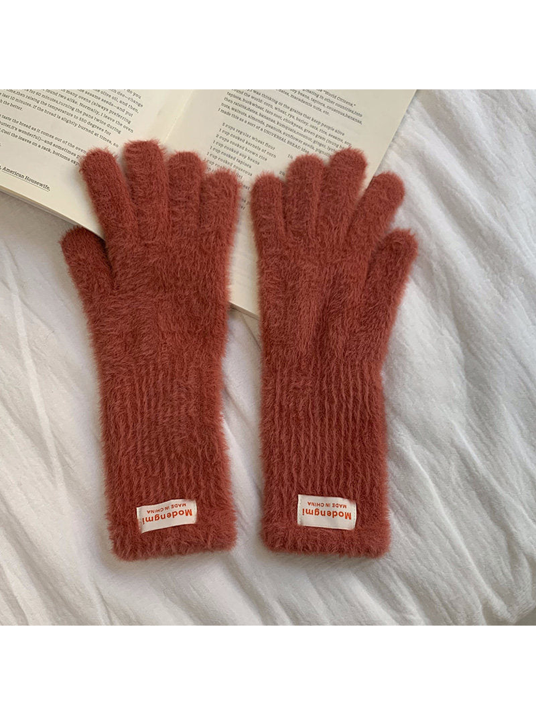Brick red fuzzy gloves with extended cuffs, front view