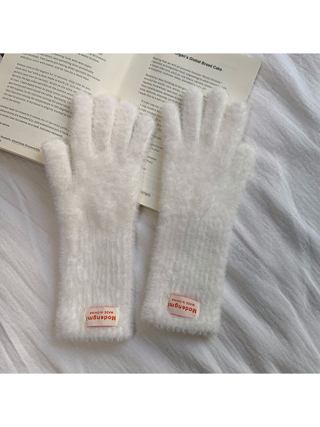 White fuzzy gloves with extended cuffs, front view